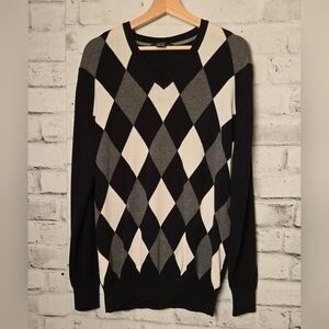 Abacus Men’s Argyle V-Neck Sweater Black Grey Diamond Knit XL